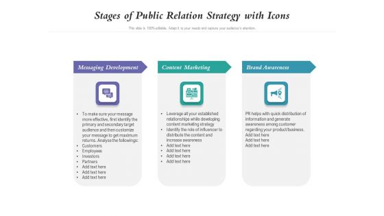 Stages Of Public Relation Strategy With Icons Ppt PowerPoint Presentation Model Deck PDF