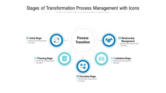 Stages Of Transformation Process Management With Icons Ppt PowerPoint Presentation Show Design Ideas