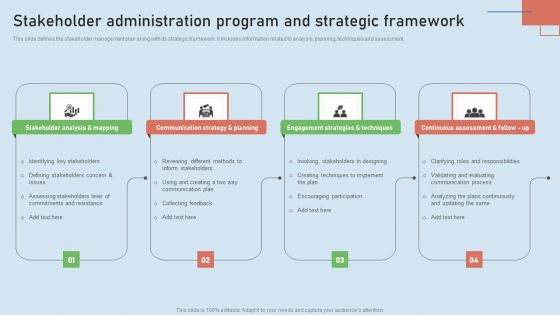 Stakeholder Administration Program And Strategic Framework Icons PDF