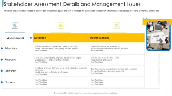 Stakeholder Assessment Details And Management Issues Template PDF