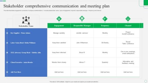 Stakeholder Comprehensive Communication And Meeting Plan Microsoft PDF