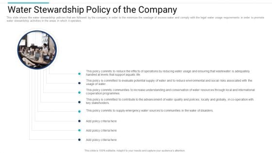 Stakeholder Governance Improve Overall Corporate Performance Water Stewardship Policy Of The Company Slides PDF