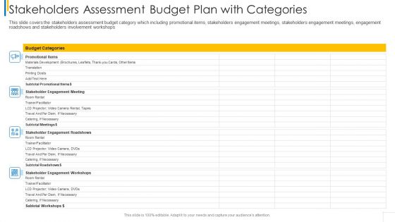 Stakeholders Assessment Budget Plan With Categories Pictures PDF