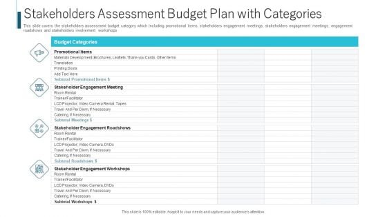 Stakeholders Assessment Budget Plan With Categories Ppt Outline Elements PDF