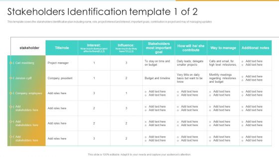 Stakeholders Identification Template 1 Of 2 Enterprise Communication Tactics Structure PDF