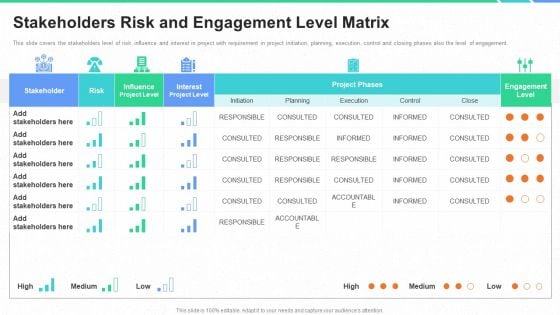 Stakeholders Participation Project Development Process Stakeholders Risk And Engagement Level Matrix Clipart PDF