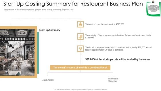 Start Up Costing Summary For Restaurant Business Plan Guidelines PDF