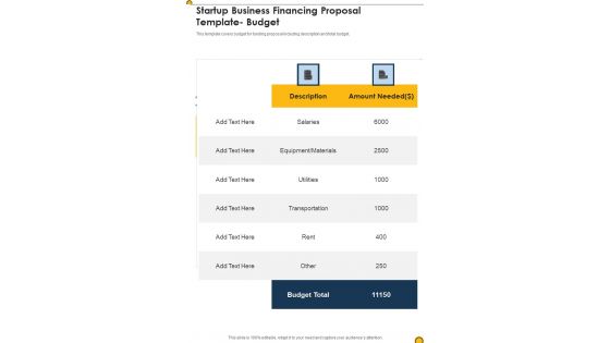 Startup Business Financing Proposal Template Budget One Pager Sample Example Document Startup Business Financing Proposal Template Budget One Pager Sample Example Document