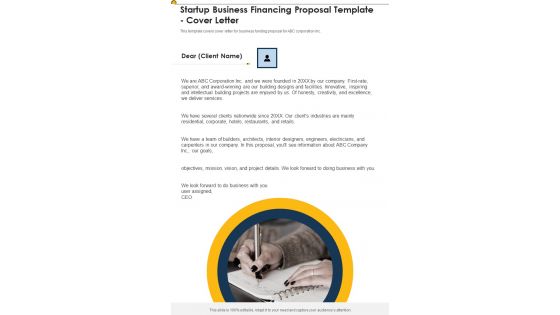 Startup Business Financing Proposal Template Cover Letter One Pager Sample Example Document Startup Business Financing Proposal Template Cover Letter One Pager Sample Example Document