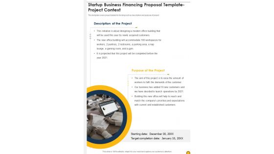 Startup Business Financing Proposal Template Project Context One Pager Sample Example Document Startup Business Financing Proposal Template Project Context One Pager Sample Example Document