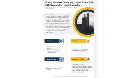 Startup Business Financing Template ABC Corporation Inc Introduction One Pager Sample Example Document Startup Business Financing Template ABC Corporation Inc Introduction One Pager Sample Example Document