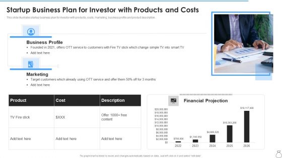 Startup Business Plan For Investor With Products And Costs Icons PDF