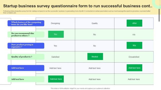 Startup Business Survey Questionnaire Form To Run Successful Business Survey SS