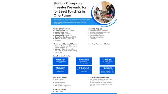 Startup Company Investor Presentation For Seed Funding In One Pager PDF Document PPT Template