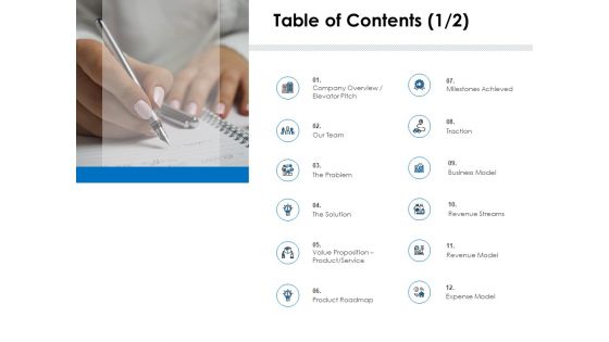 Startup Investment Ideas Table Of Contents Traction Ppt Professional Deck PDF