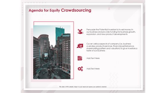 Startup Pitch To Raise Capital From Crowdfunding Agenda For Equity Crowdsourcing Summary PDF