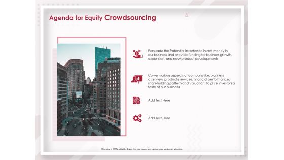 Startup Pitch To Raise Capital From Crowdfunding Agenda For Equity Crowdsourcing Summary PDF Startup Pitch To Raise Capital From Crowdfunding Agenda For Equity Crowdsourcing Summary PDF