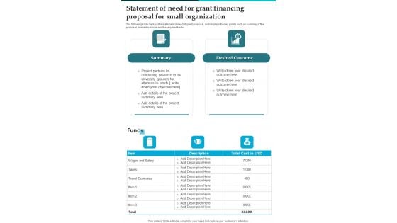 Statement Of Need For Grant Financing Proposal For Small Organization One Pager Sample Example Document