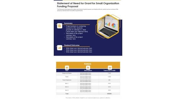 Statement Of Need For Grant For Small Organization Funding Proposal One Pager Sample Example Document