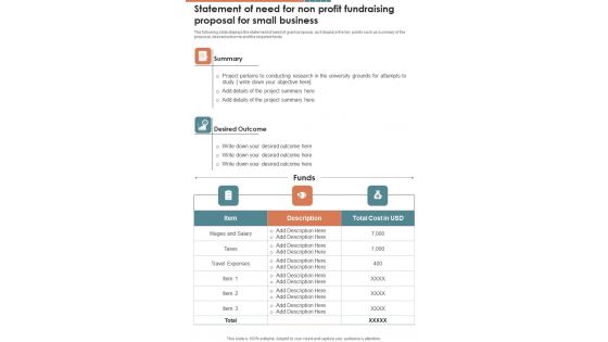 Statement Of Need For Non Profit Fundraising For Small Business One Pager Sample Example Document