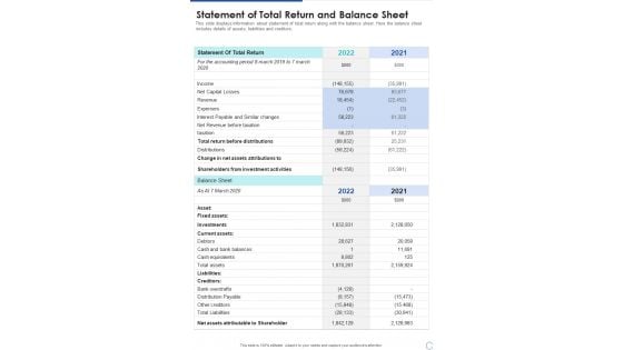 Statement Of Total Return And Balance Sheet One Pager Documents