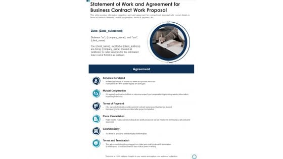 Statement Of Work And Agreement For Business Contract Work Proposal One Pager Sample Example Document