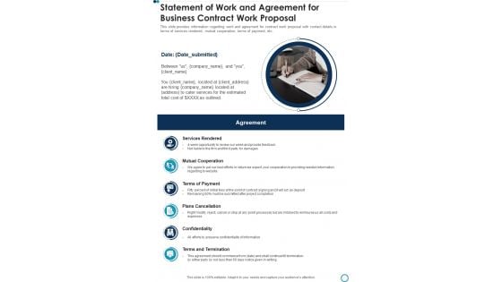 Statement Of Work And Agreement For Business Contract Work Proposal One Pager Sample Example Document Statement Of Work And Agreement For Business Contract Work Proposal One Pager Sample Example Document