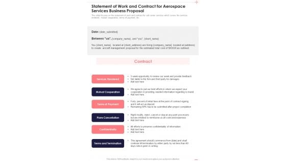 Statement Of Work And Contract For Aerospace Services Business Proposal One Pager Sample Example Document Statement Of Work And Contract For Aerospace Services Business Proposal One Pager Sample Example Document