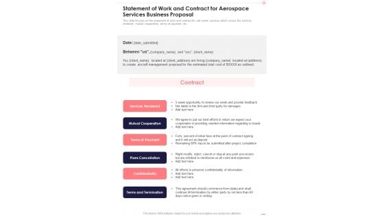 Statement Of Work And Contract For Aerospace Services Business Proposal One Pager Sample Example Document