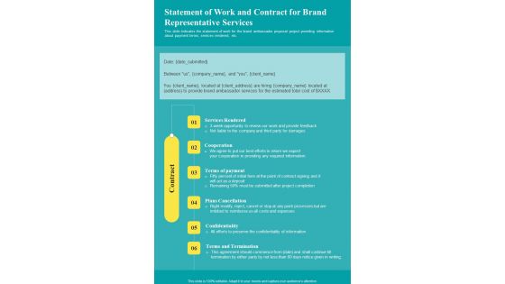 Statement Of Work And Contract For Brand Representative Services One Pager Sample Example Document