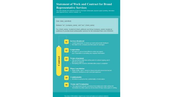 Statement Of Work And Contract For Brand Representative Services One Pager Sample Example Document Statement Of Work And Contract For Brand Representative Services One Pager Sample Example Document