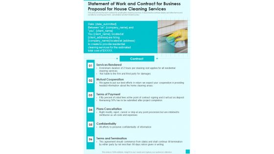 Statement Of Work And Contract For Business For House Cleaning Services One Pager Sample Example Document