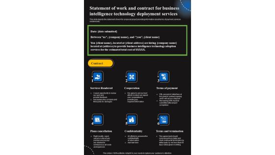 Statement Of Work And Contract For Business Intelligence Technology Deployment Services One Pager Sample Example Document Statement Of Work And Contract For Business Intelligence Technology Deployment Services One Pager Sample Example Document