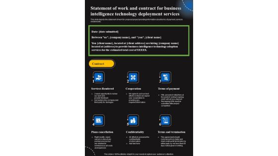 Statement Of Work And Contract For Business Intelligence Technology Deployment Services One Pager Sample Example Document