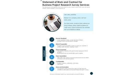 Statement Of Work And Contract For Business Project Research Survey Services One Pager Sample Example Document