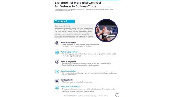 Statement Of Work And Contract For Business To Business Trade One Pager Sample Example Document