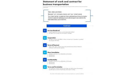 Statement Of Work And Contract For Business Transportation One Pager Sample Example Document Statement Of Work And Contract For Business Transportation One Pager Sample Example Document