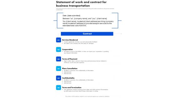 Statement Of Work And Contract For Business Transportation One Pager Sample Example Document