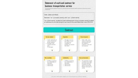 Statement Of Work And Contract For Business Transportation Service One Pager Sample Example Document Statement Of Work And Contract For Business Transportation Service One Pager Sample Example Document