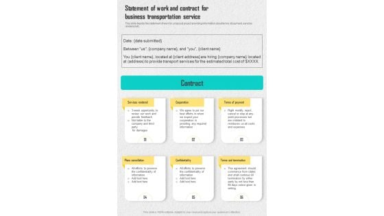 Statement Of Work And Contract For Business Transportation Service One Pager Sample Example Document