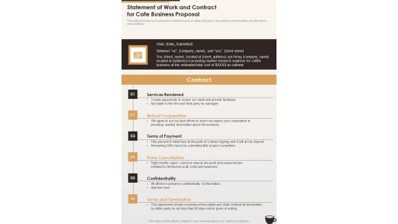 Statement Of Work And Contract For Cafe Business Proposal One Pager Sample Example Document Statement Of Work And Contract For Cafe Business Proposal One Pager Sample Example Document