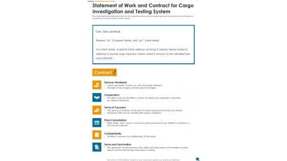 Statement Of Work And Contract For Cargo Investigation And Testing System One Pager Sample Example Document