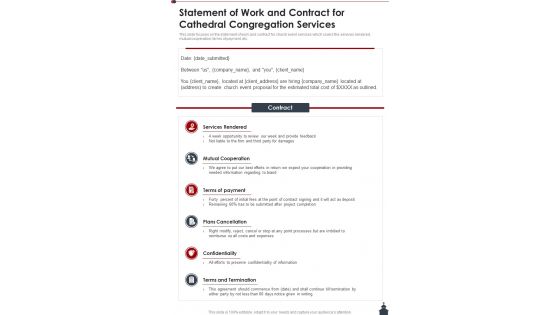 Statement Of Work And Contract For Cathedral Congregation Services One Pager Sample Example Document