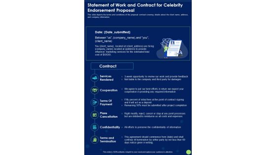 Statement Of Work And Contract For Celebrity Endorsement Proposal One Pager Sample Example Document