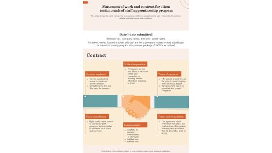 Statement Of Work And Contract For Client Testimonials Of Staff Apprenticeship Program One Pager Sample Example Document Statement Of Work And Contract For Client Testimonials Of Staff Apprenticeship Program One Pager Sample Example Document