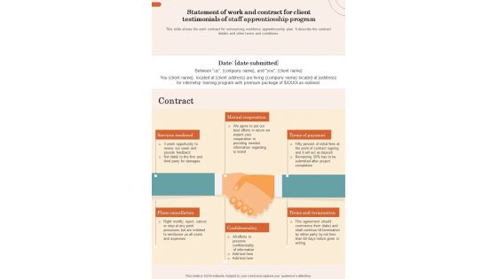 Statement Of Work And Contract For Client Testimonials Of Staff Apprenticeship Program One Pager Sample Example Document