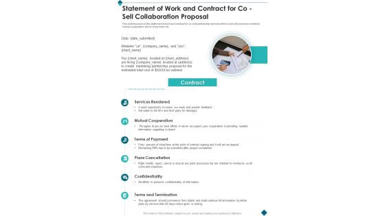 Statement Of Work And Contract For Co Sell Collaboration Proposal One Pager Sample Example Document