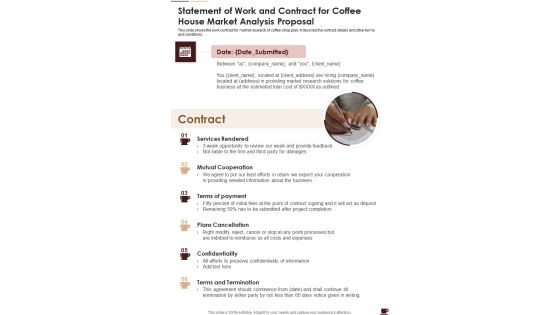 Statement Of Work And Contract For Coffee House Market Analysis Proposal One Pager Sample Example Document