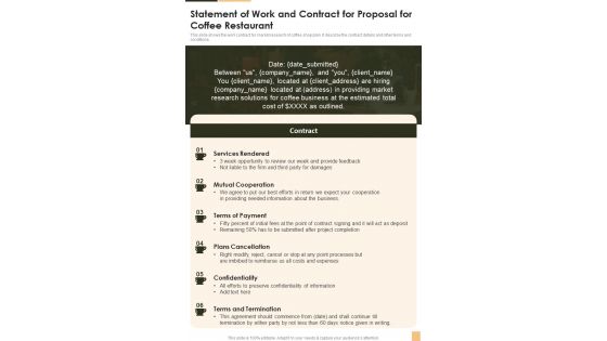 Statement Of Work And Contract For Coffee Restaurant One Pager Sample Example Document