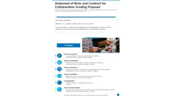 Statement Of Work And Contract For Collaboration Funding Proposal One Pager Sample Example Document